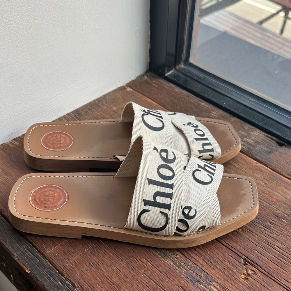 Chloe Cream and Brown Logo Slide Sandals